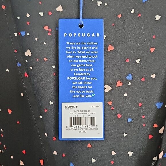 POPSUGAR Sheer Crossover Babydoll Top Blouse XXL Black Ditzy Hearts Cute Goth - Picture 8 of 15